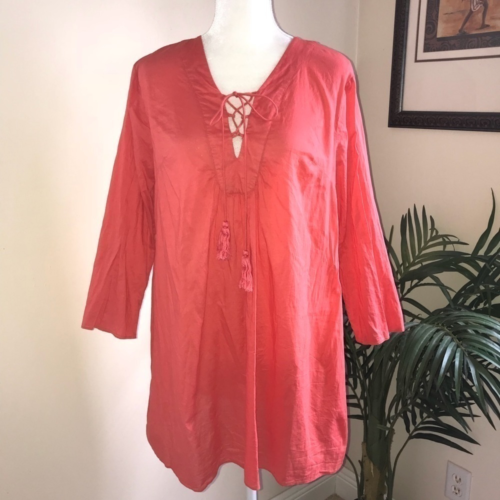 Eshakti Lightweight Cotton Lace Up Tunic Women Top L Melon/ Coral*